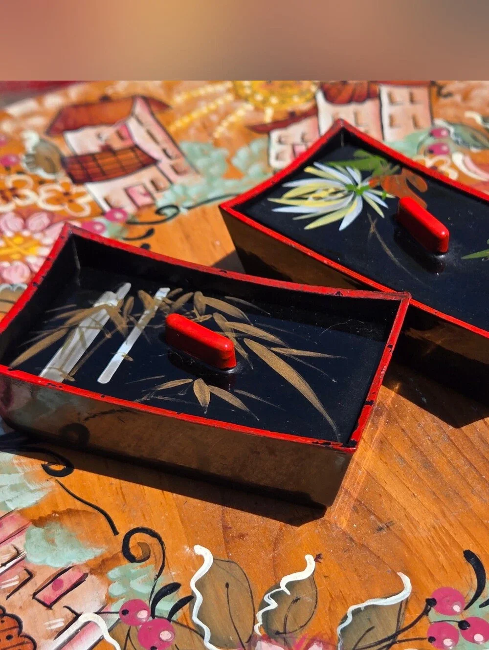 Vtg Japanese Lacquerware Box Set Urushi Maki-e Floral Bamboo Black Red Hand Pain